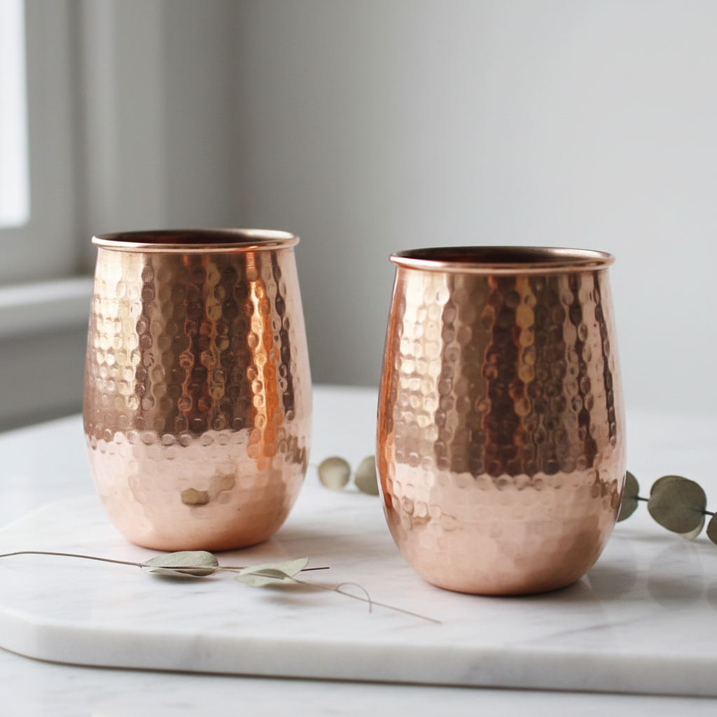 Pure Copper Rolled Rim Tumbler Set of 2 | 400ml Hammered Ayurvedic Glasses