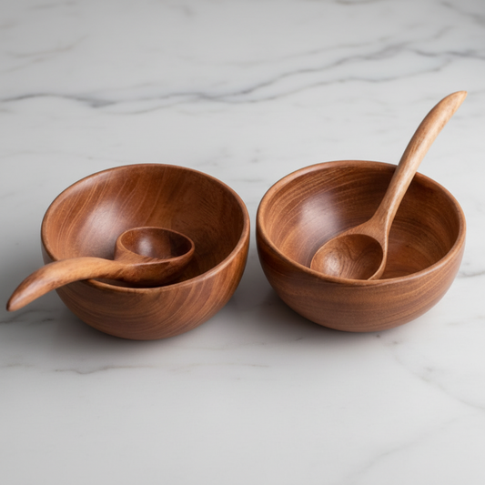 Handcrafted Neem Wood Soup Bowls & Spoons (Set of 2) – Naturally Antibacterial