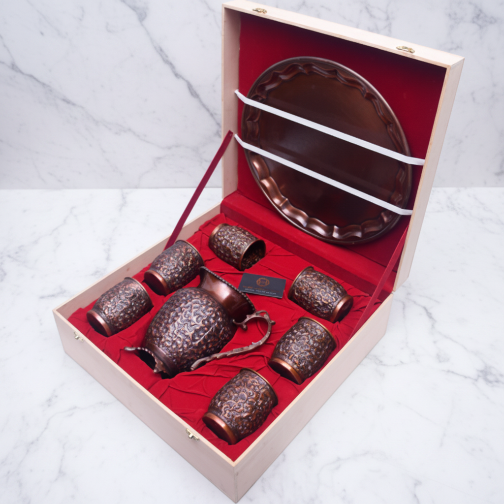 Pure Copper Antique Lemon Set – Jug & 6 Glasses | Royal Wooden Gift Box