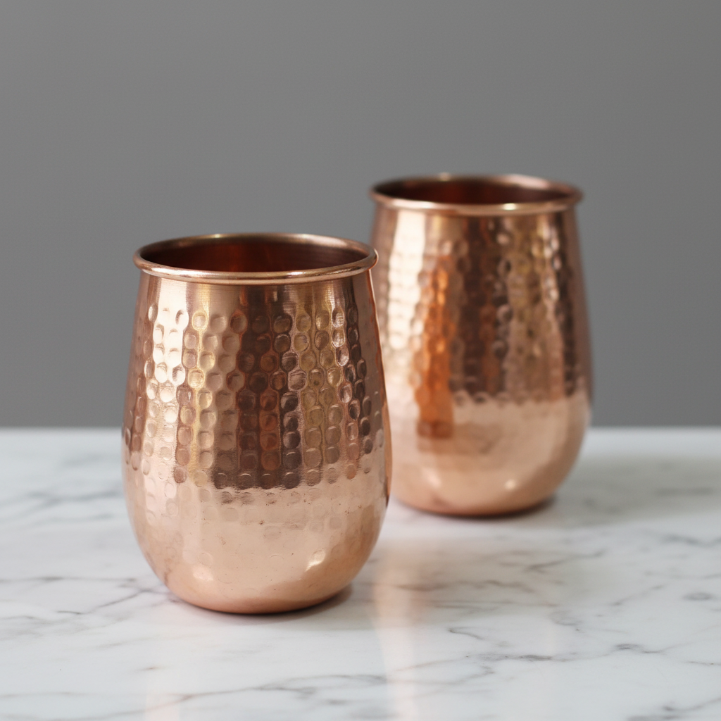 Pure Copper Rolled Rim Tumbler Set of 2 | 400ml Hammered Ayurvedic Glasses