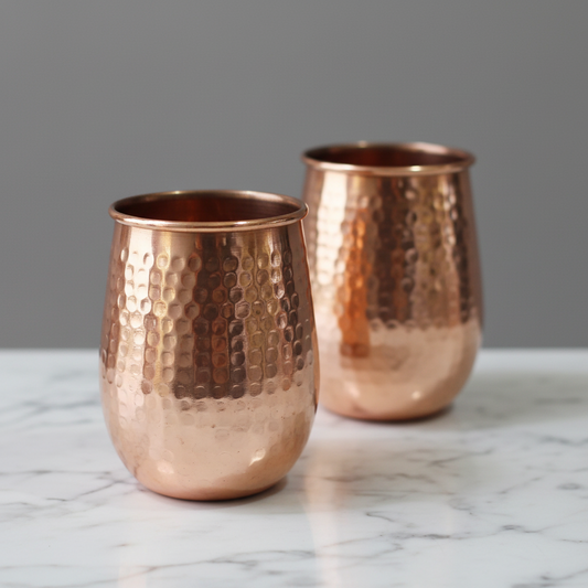 Pure Copper Rolled Rim Tumbler Set of 2 | 400ml Hammered Ayurvedic Glasses