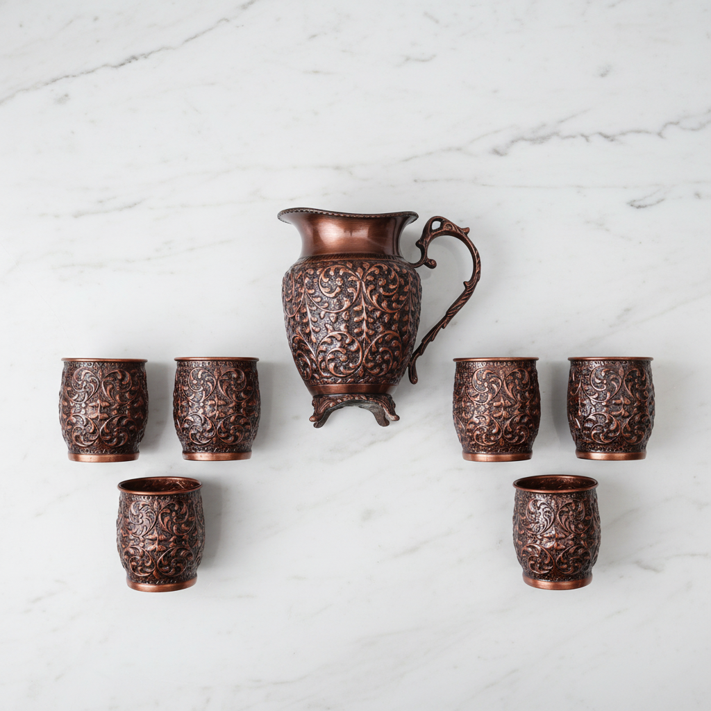 Pure Copper Antique Lemon Set – Jug & 6 Glasses | Royal Wooden Gift Box