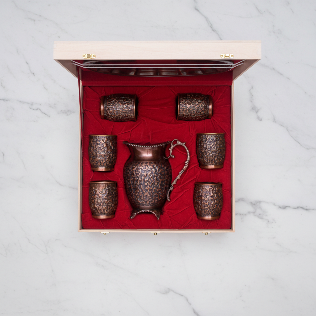 Pure Copper Antique Lemon Set – Jug & 6 Glasses | Royal Wooden Gift Box