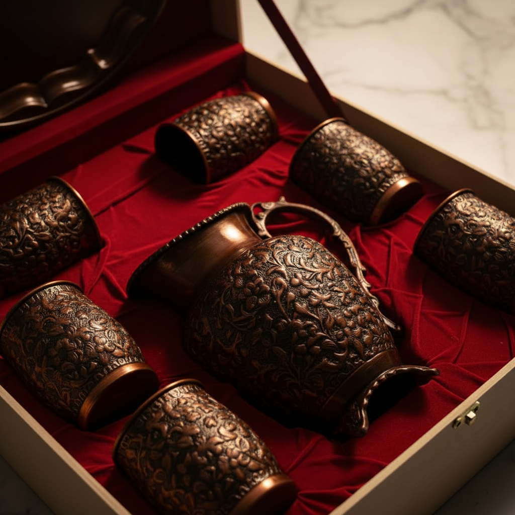 Pure Copper Antique Lemon Set – Jug & 6 Glasses | Royal Wooden Gift Box