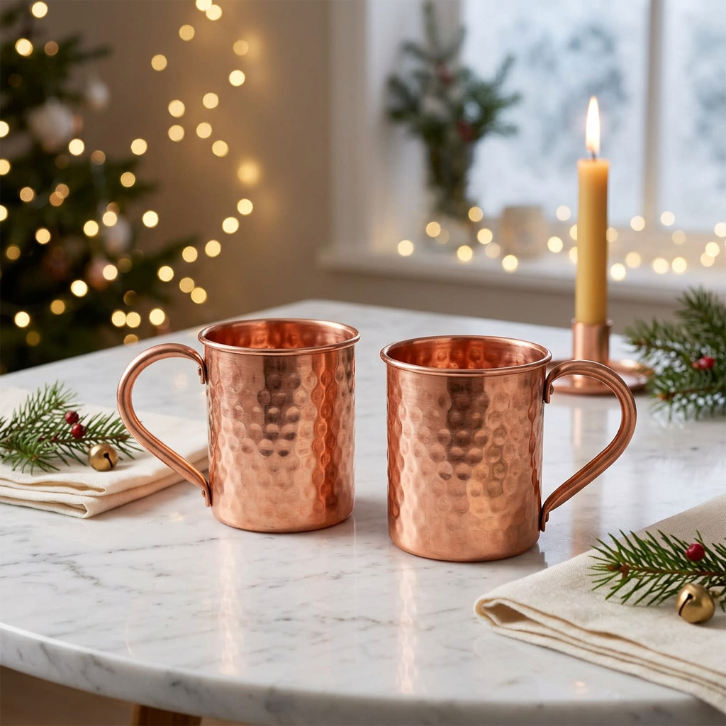 Hammered Copper Drinking Cups with Handles | Set of 2 | 400 ml