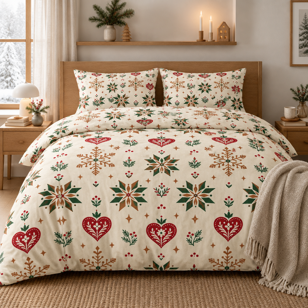 Nordic Folk Heart 100% Cotton Duvet Cover Set with 2 Shams