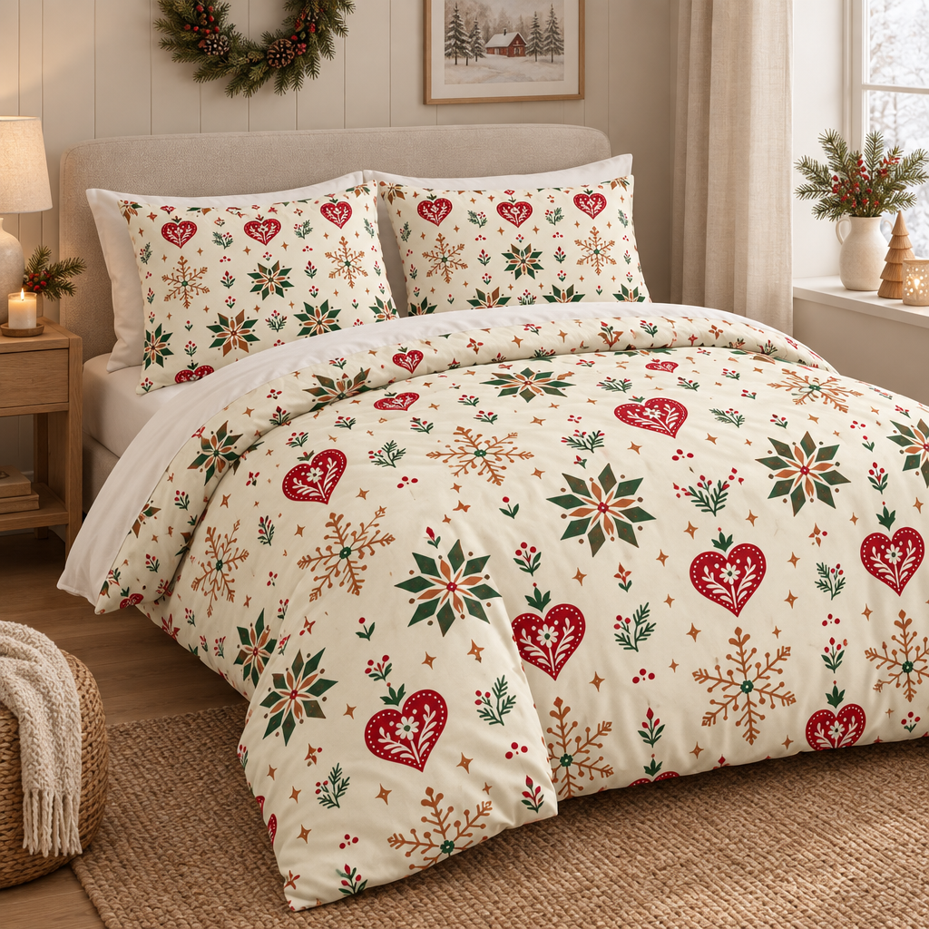 Nordic Folk Heart 100% Cotton Duvet Cover Set with 2 Shams