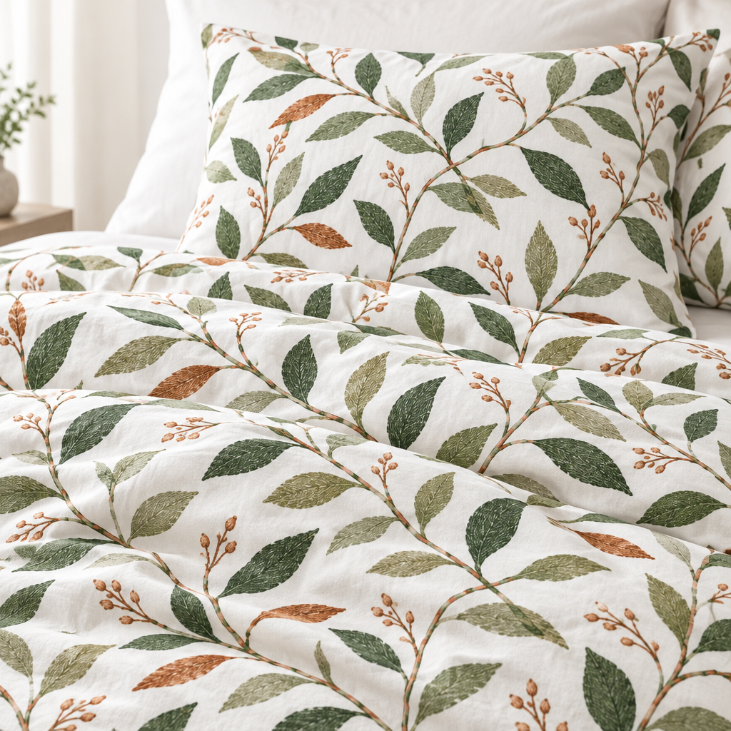 Nordic Leaf Vine 100% Cotton Duvet Cover Set with 2 Shams