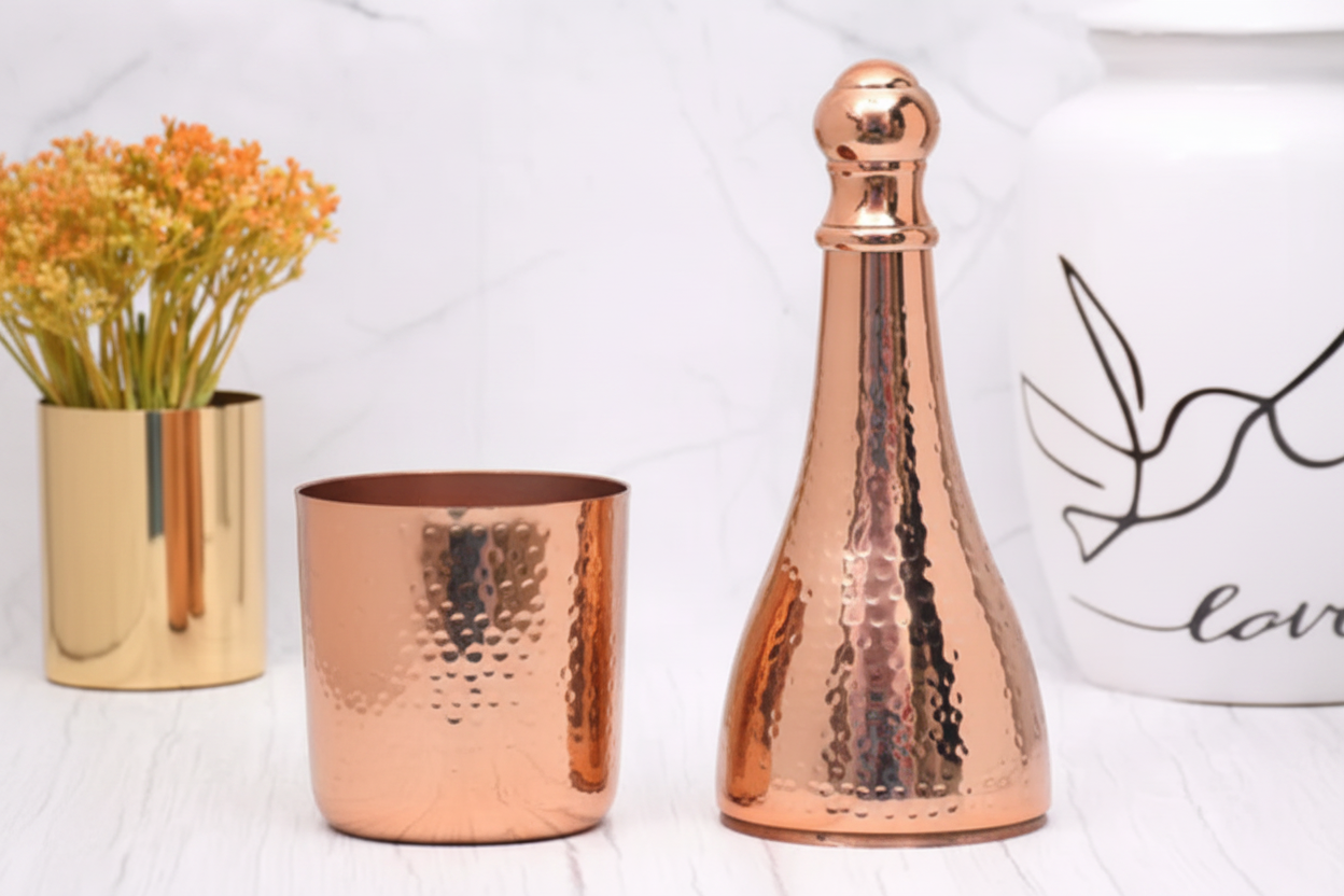 Copper-Finished Hammered Champagne Bottle Case – Pure Brass Decorative Barware | 41cm