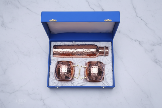 Premium Copper Gift Set - Water Bottle + 2 Moscow Mule Mugs | Luxury Box