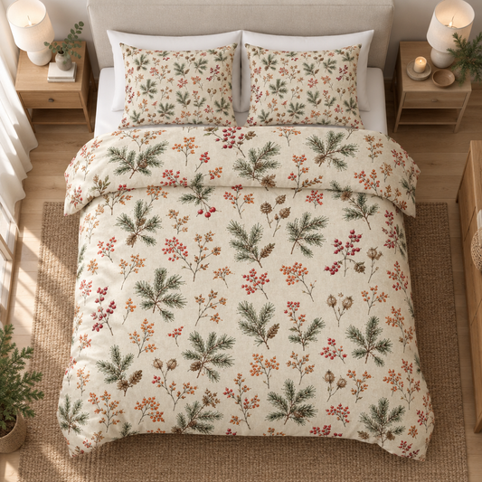 Winter Pine & Berry 100% Cotton Duvet Cover Set with 2 Shams