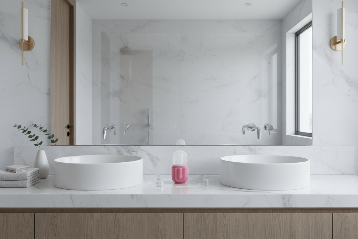 Pink Ice Roller in Luxury Nordic Bathroom