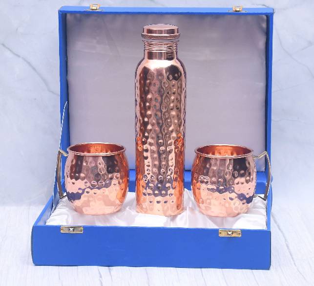 Premium Copper Gift Set - Water Bottle + 2 Moscow Mule Mugs | Luxury Box