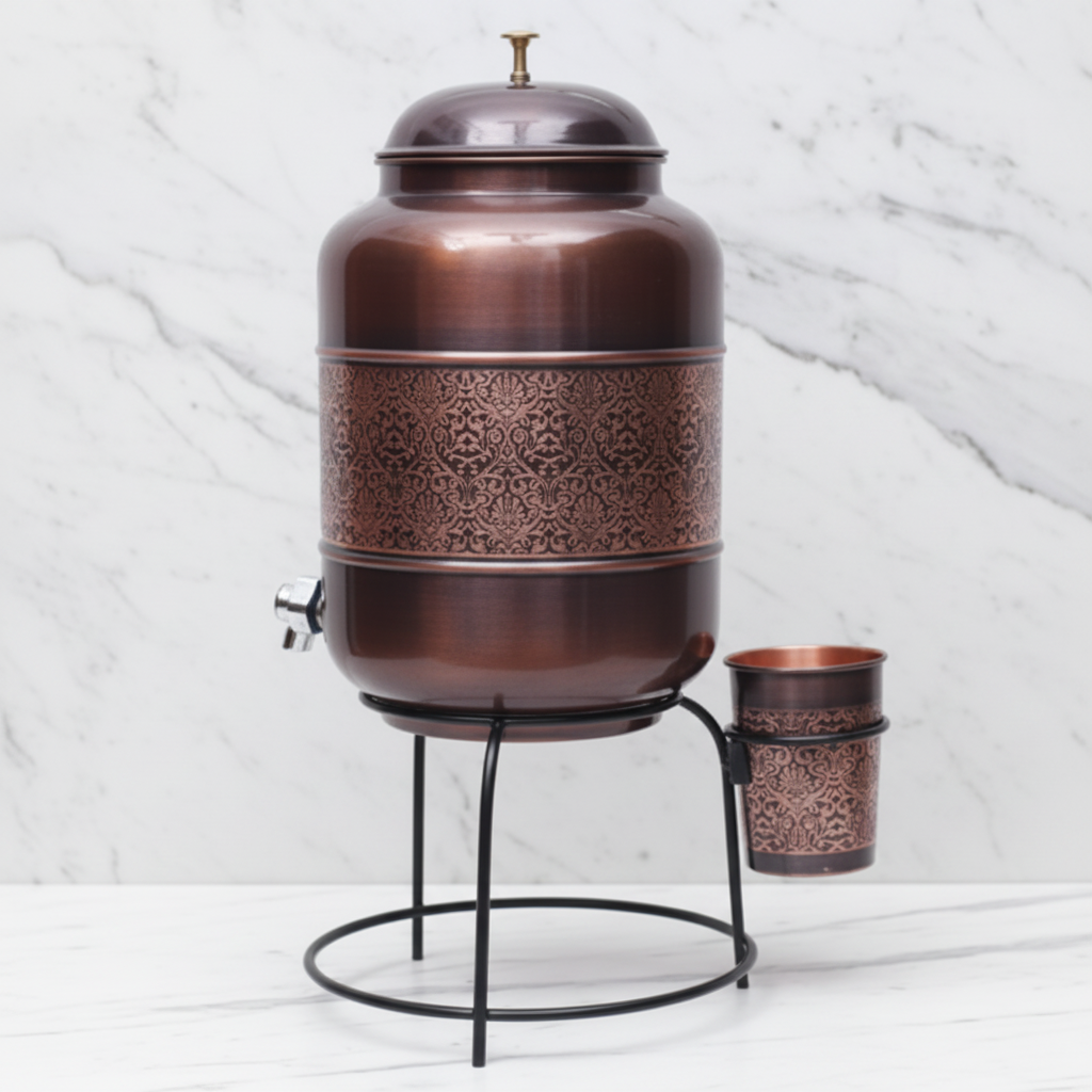 Pure Copper Water Dispenser with Glass and Stand Antique Engraved Combo