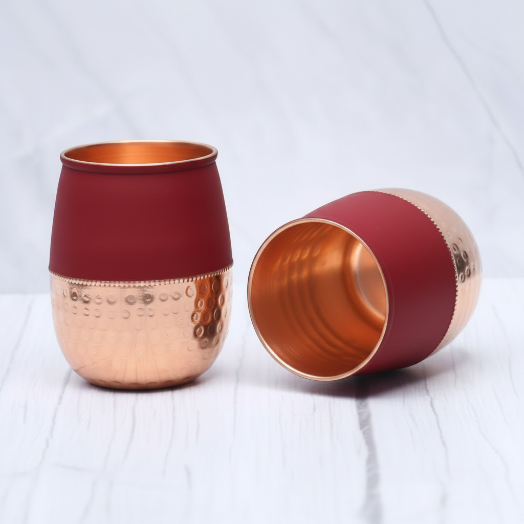 Pure Copper Silk Red Cherry Half Hammered Dholak Tumbler – Set of 2 | 250ml
