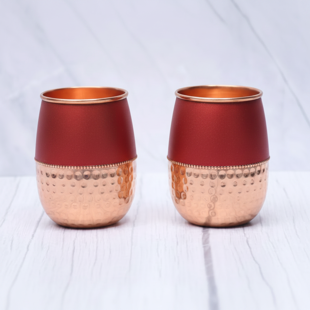 Pure Copper Silk Red Cherry Half Hammered Dholak Tumbler – Set of 2 | 250ml