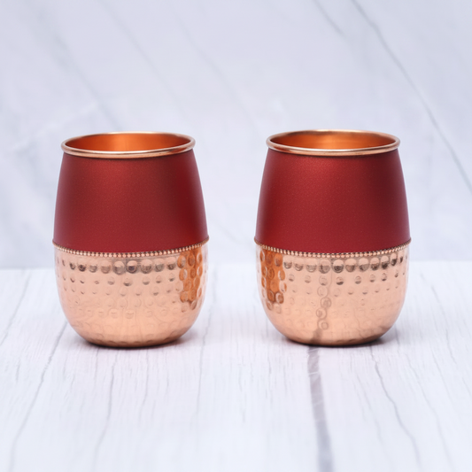 Pure Copper Silk Red Cherry Half Hammered Dholak Tumbler – Set of 2 | 250ml