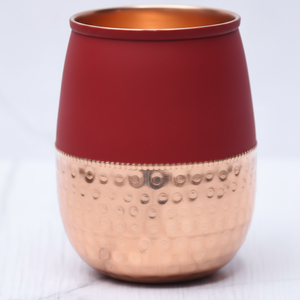 Pure Copper Silk Red Cherry Half Hammered Dholak Tumbler – Set of 2 | 250ml