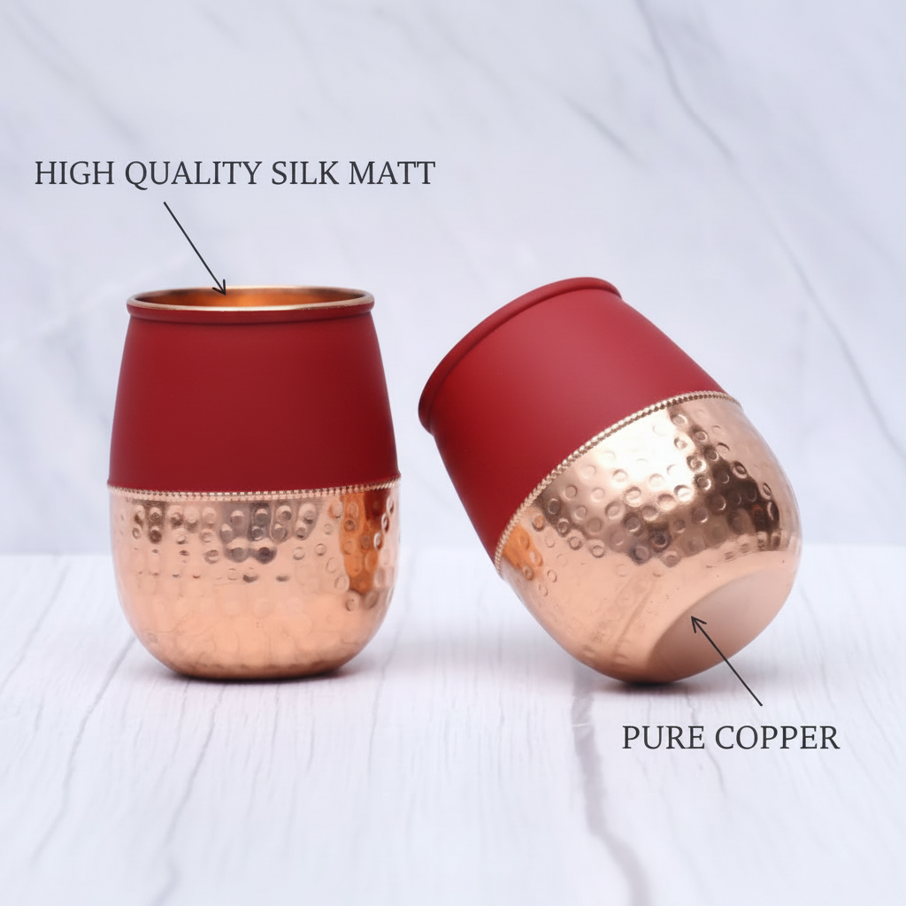 Pure Copper Silk Red Cherry Half Hammered Dholak Tumbler – Set of 2 | 250ml