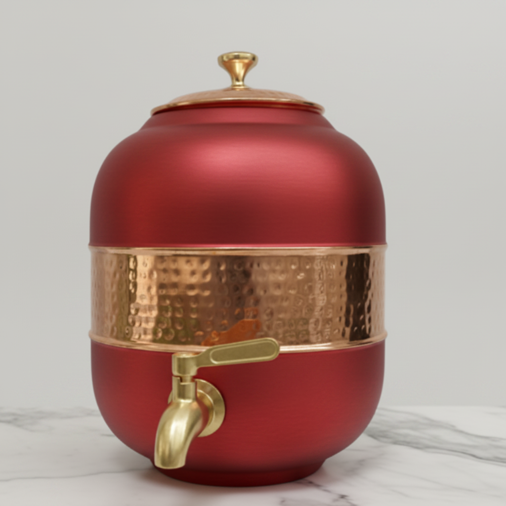 Pure Copper Water Dispenser – Silk Finish & Half Hammered | 5L & 8L | Red, Blue, Green, Yellow, Black, Gray
