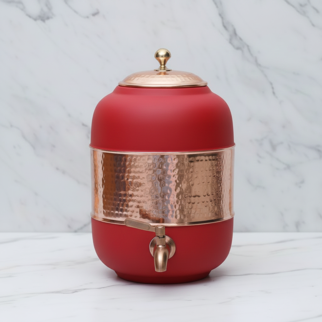 Pure Copper Water Dispenser – Silk Finish & Half Hammered | 5L & 8L | Red, Blue, Green, Yellow, Black, Gray