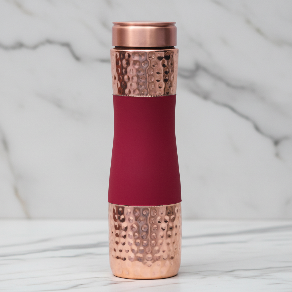 Pure Copper Water Bottle Set of 3 – Red, Green & Blue | Hammered Silk Finish