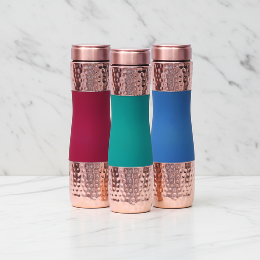 Pure Copper Water Bottle Set of 3 – Red, Green & Blue | Hammered Silk Finish
