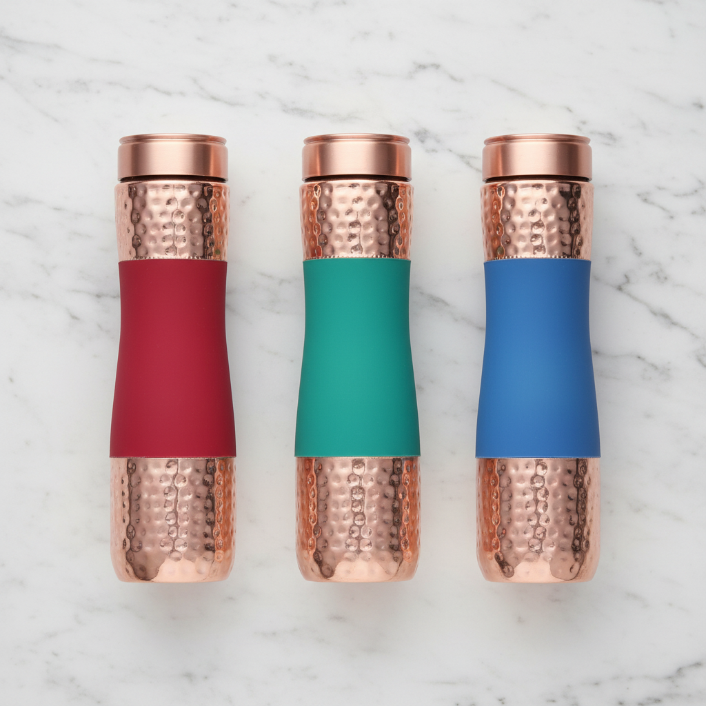 Pure Copper Water Bottle Set of 3 – Red, Green & Blue | Hammered Silk Finish