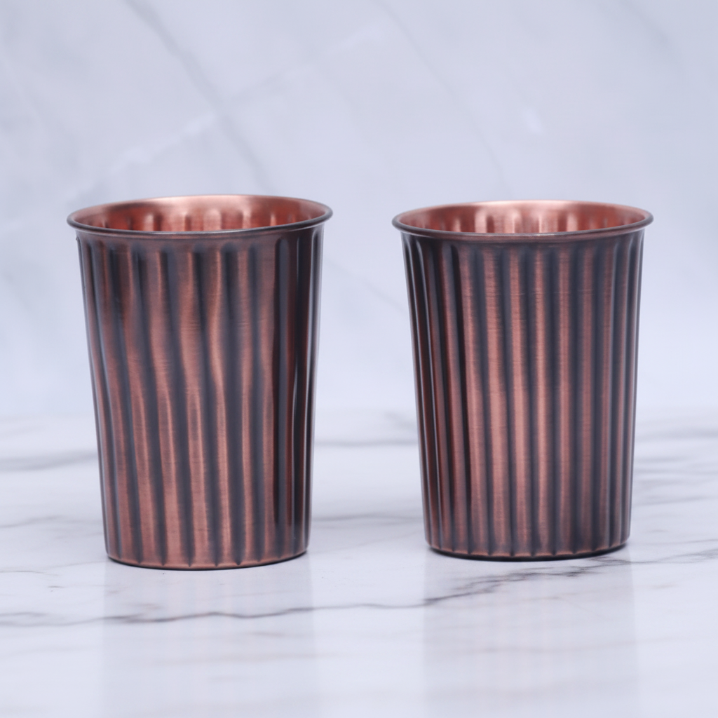 Pure Copper Antique Rope Design Tumbler Glass | Set of 2 | 300ml | Ayurvedic Tamra Jal | Designed in Norway