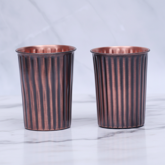 Pure Copper Antique Rope Design Tumbler Glass | Set of 2 | 300ml | Ayurvedic Tamra Jal | Designed in Norway