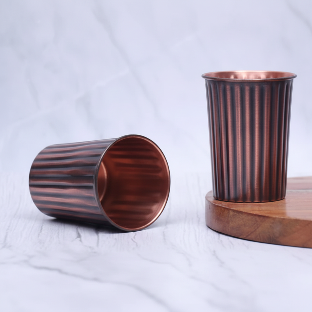 Pure Copper Antique Rope Design Tumbler Glass | Set of 2 | 300ml | Ayurvedic Tamra Jal | Designed in Norway