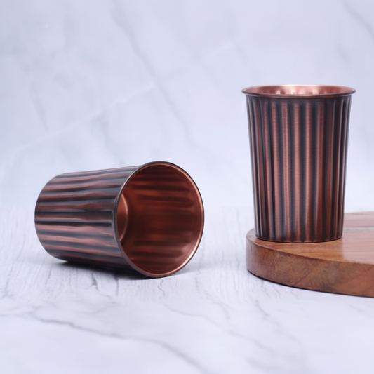 Pure Copper Antique Rope Design Tumbler Glass | Set of 2 | 300ml | Ayurvedic Tamra Jal | Designed in Norway