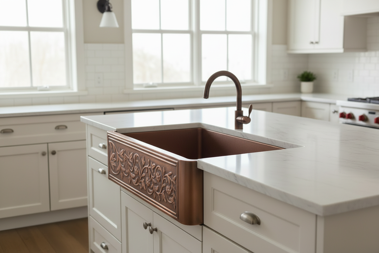 Copper Kitchen Sink – Country Single Bowl 36x22x9" | Hand-Engraved Farmhouse Design