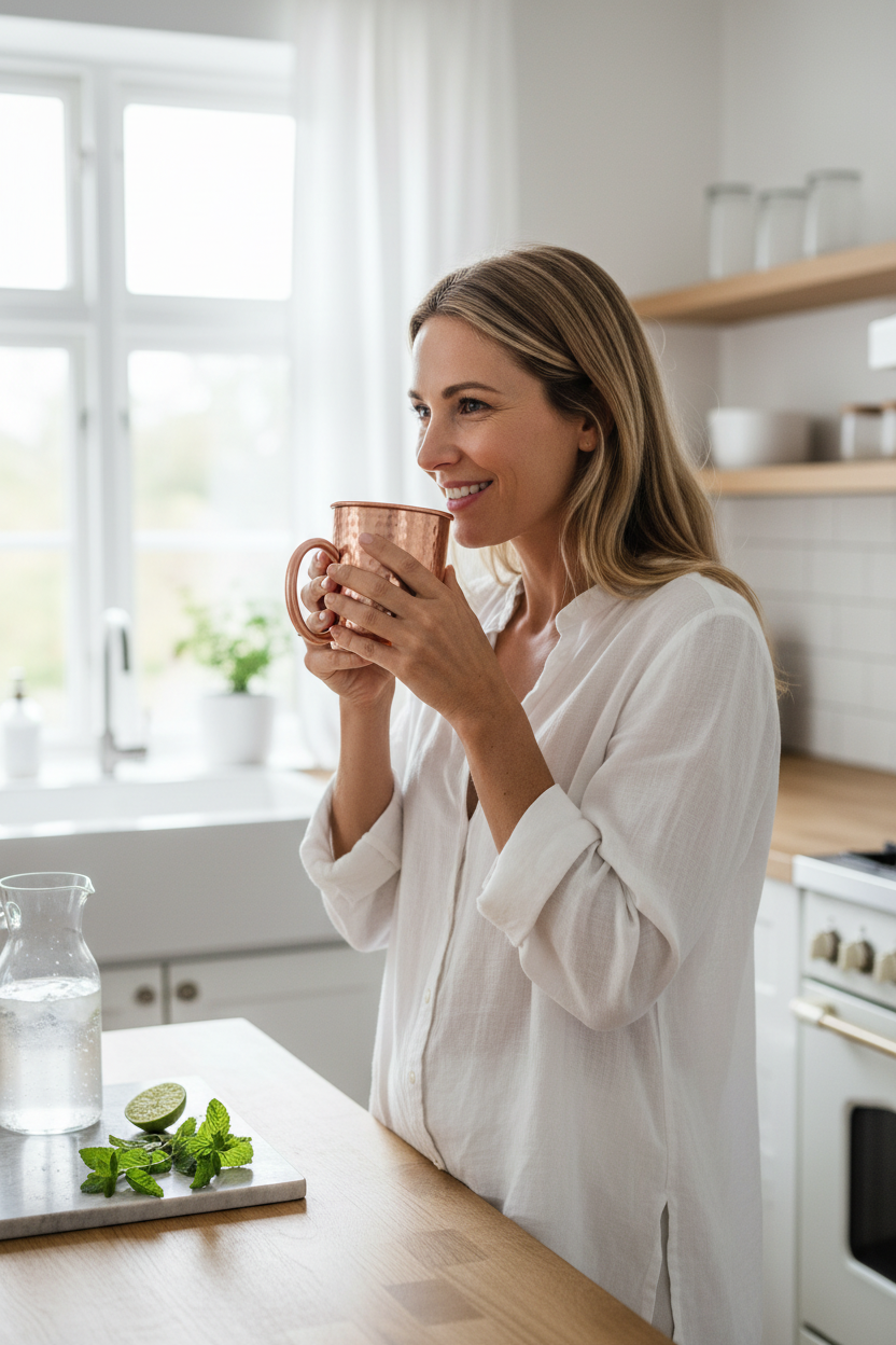 Scandinavian woman smiling and holding copper mug about to drink