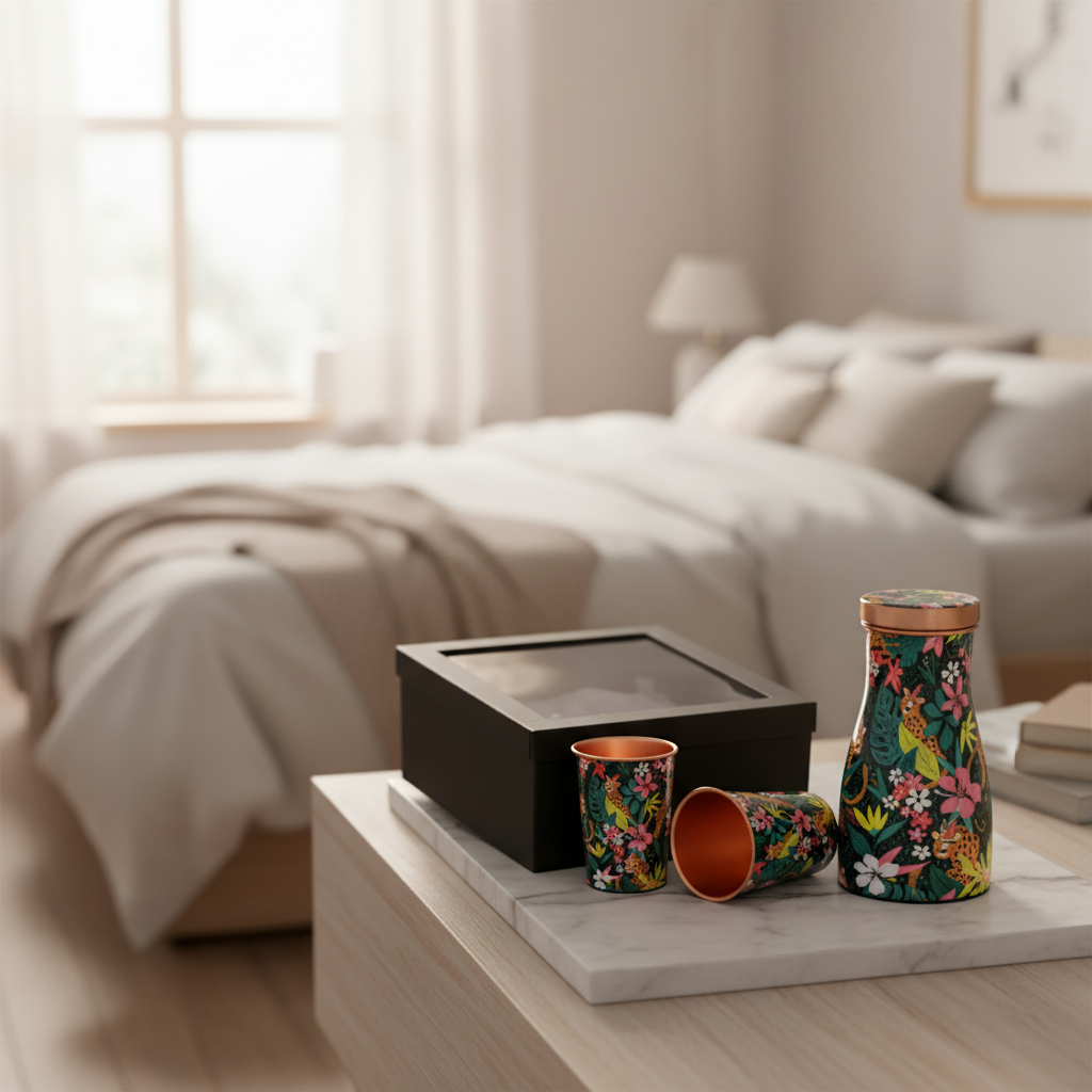 Printed Pure Copper Bedside Jar with 2 Glasses — 1000ml Gift Set