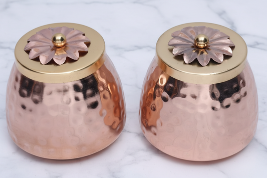 Copper Finish Container Set of 2 – Multipurpose Storage Jars with Flower Lid