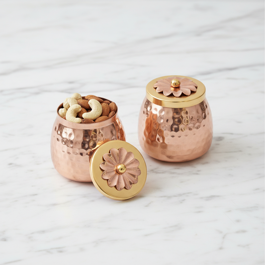 Copper Finish Container Set of 2 – Multipurpose Storage Jars with Flower Lid