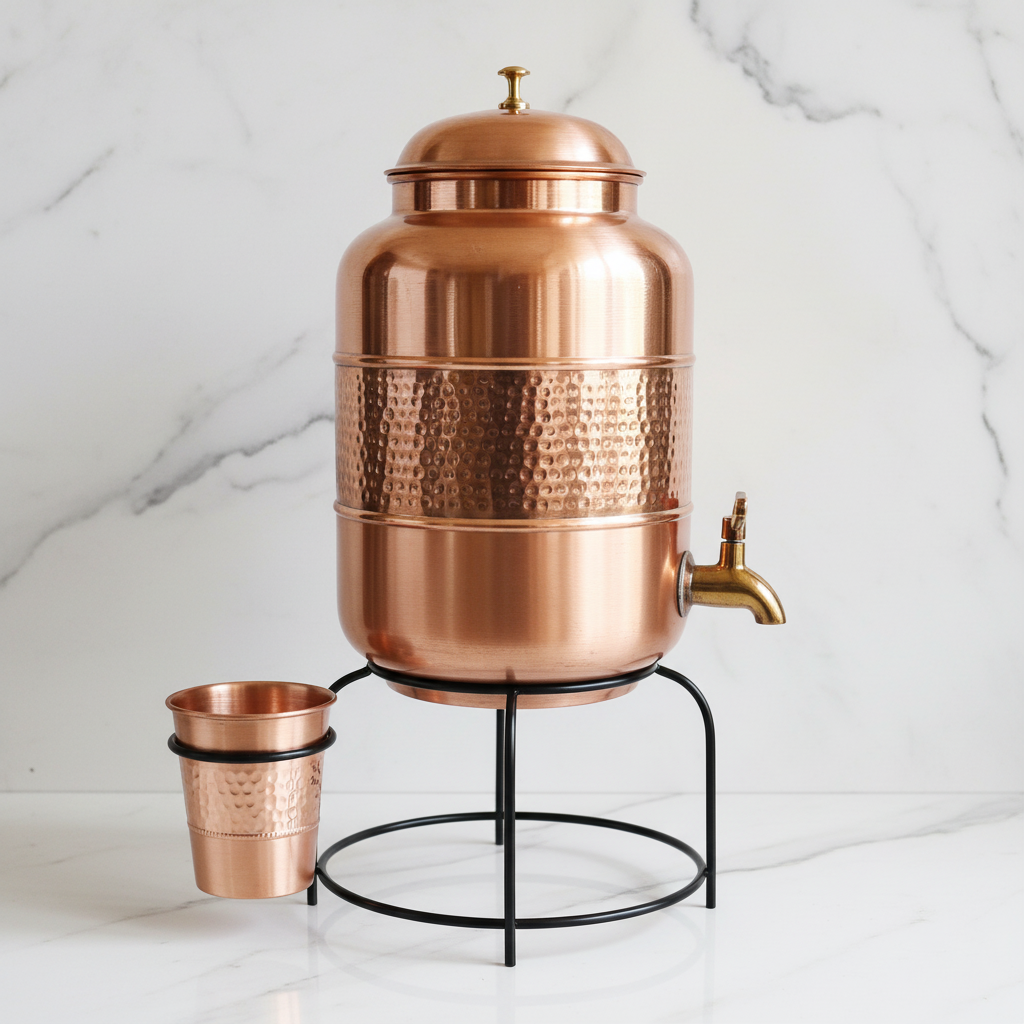 Pure Copper Water Dispenser Half Hammered Dark Finish with Glass & Stand – 5L