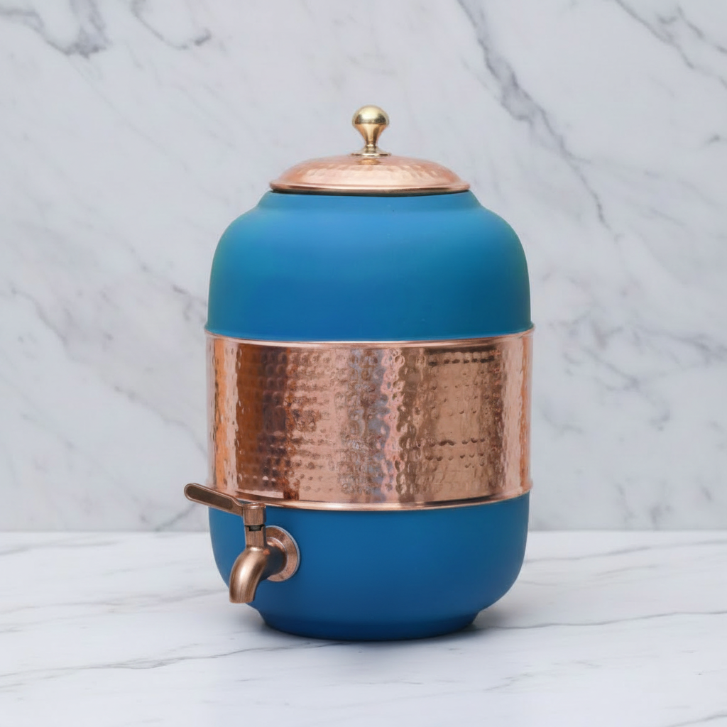 Pure Copper Water Dispenser – Silk Finish & Half Hammered | 5L & 8L | Red, Blue, Green, Yellow, Black, Gray