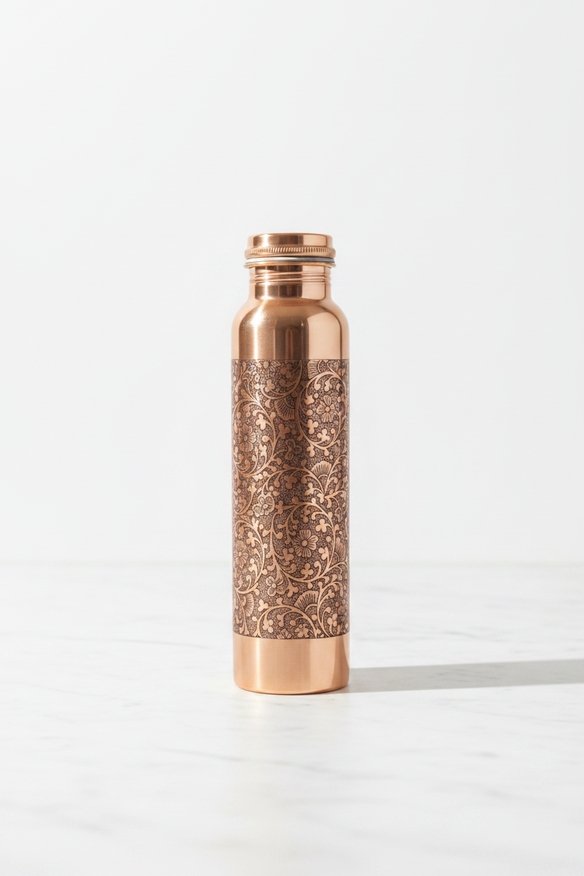 Pure Copper Etching Design Water Bottle – Hand-Etched Floral | 1000ml