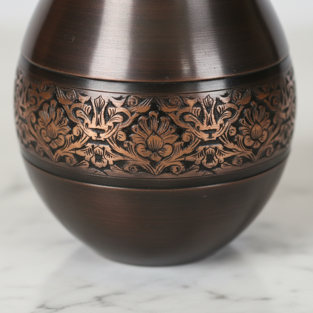 Pure Copper Modern Surahi Antique Engraving with Inbuilt Glass | 1000ml | Ayurvedic | Designed in Norway