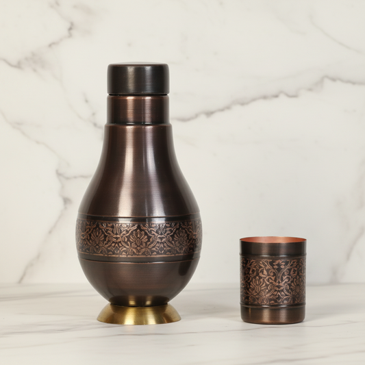 Pure Copper Modern Surahi Antique Engraving with Inbuilt Glass | 1000ml | Ayurvedic | Designed in Norway