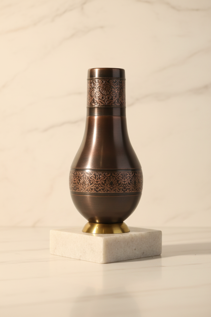 Pure Copper Modern Surahi Antique Engraving with Inbuilt Glass | 1000ml | Ayurvedic | Designed in Norway
