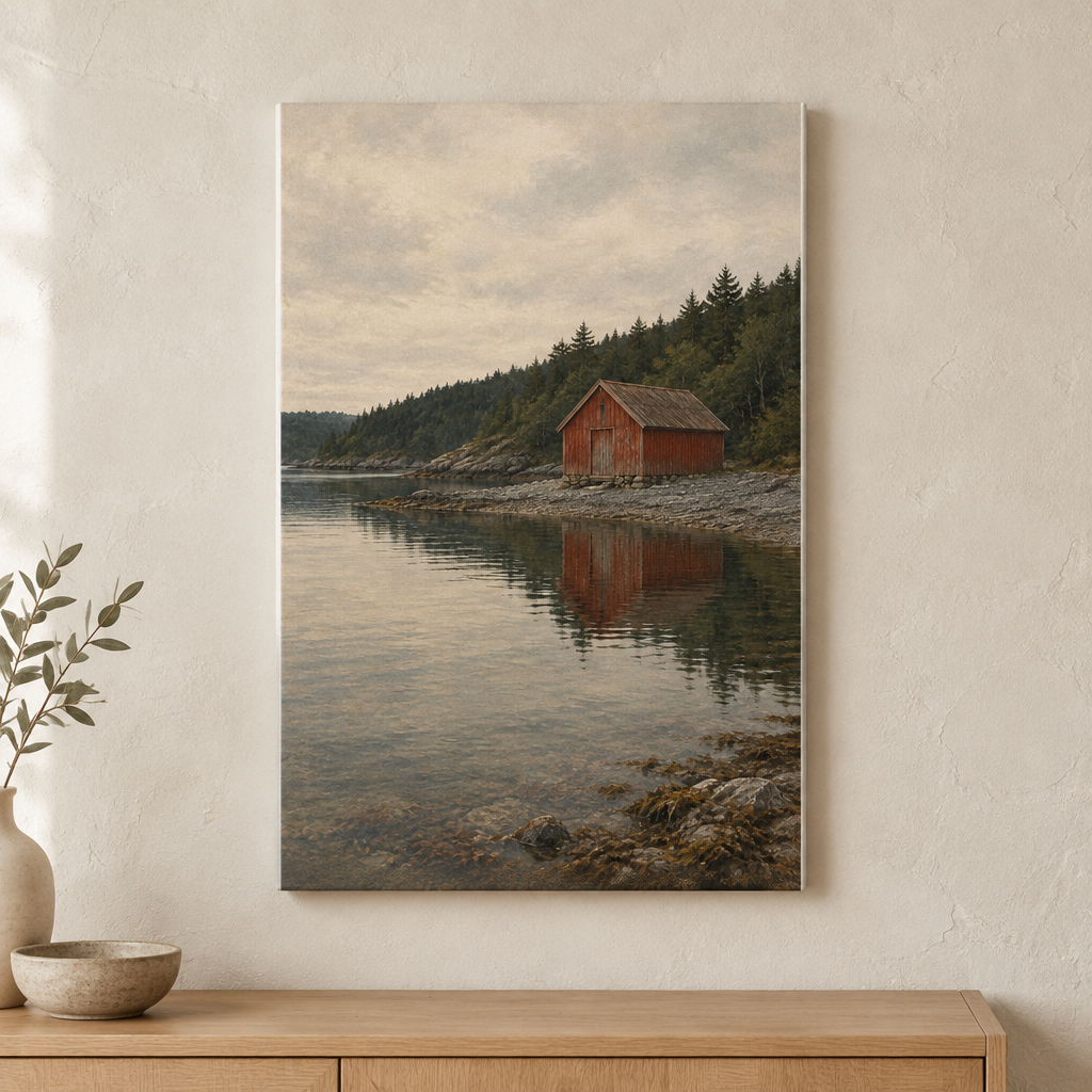The Red Boathouse | Norwegian Coastal Canvas Art