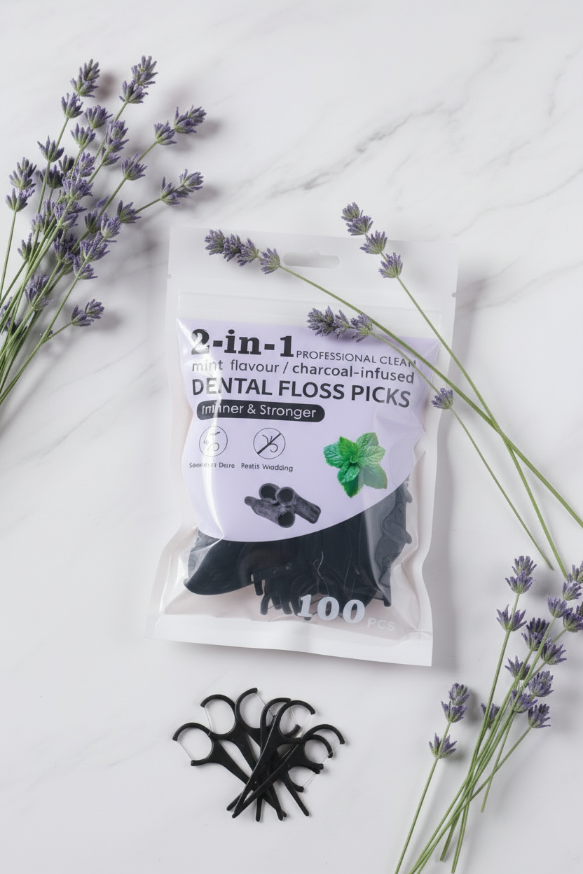 Bamboo Charcoal Floss Picks 100pcs