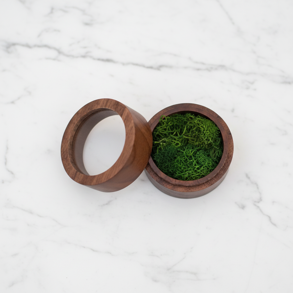 Luxury Wooden Ring Gift Box — Moss Interior & Glass Lid
