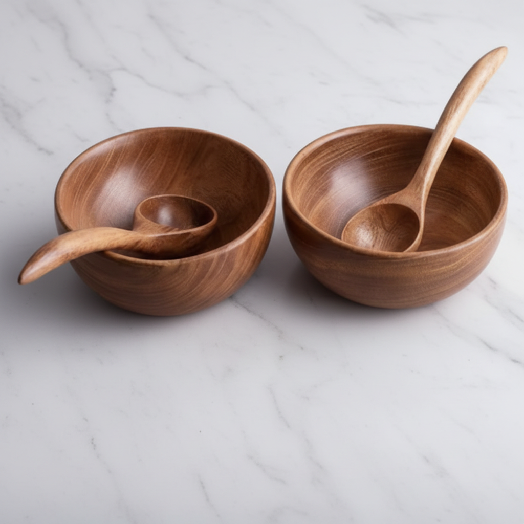Neem Wood Soup Bowls & Spoons – Set of 2 | Handcrafted & Antibacterial