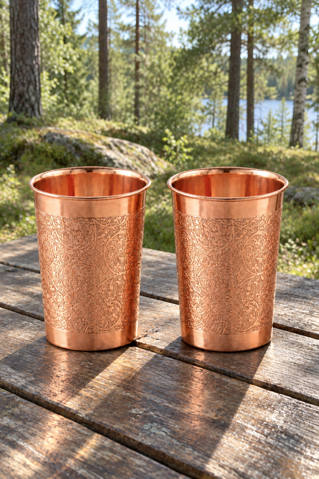 Drikkeglass i rent kobber, gravert – Sett med 2 | 300 ml