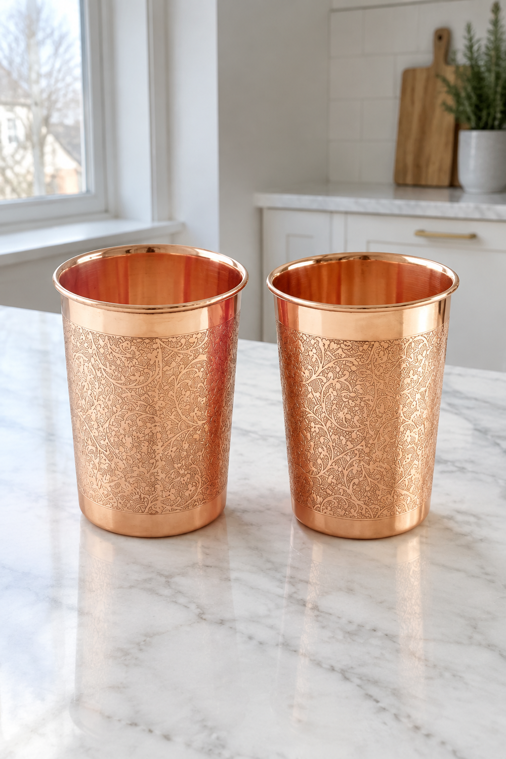 Drikkeglass i rent kobber, gravert – Sett med 2 | 300 ml