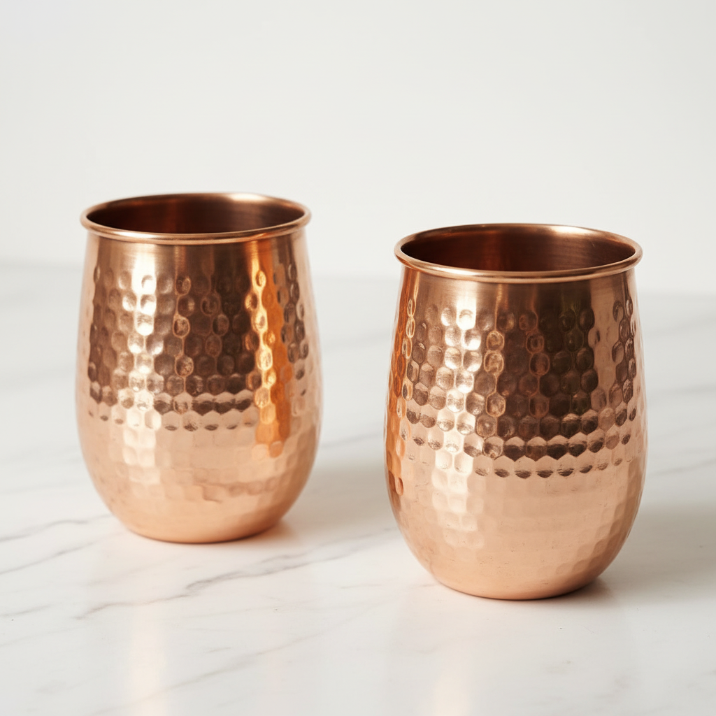 Pure Copper Rolled Rim Tumbler Set of 2 | 400ml Hammered Ayurvedic Glasses
